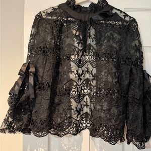 Black Lace Blouse with Ribbon Details